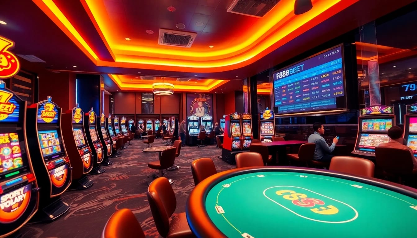 Dynamic scene of F88BET online casino with vibrant games and happy players.