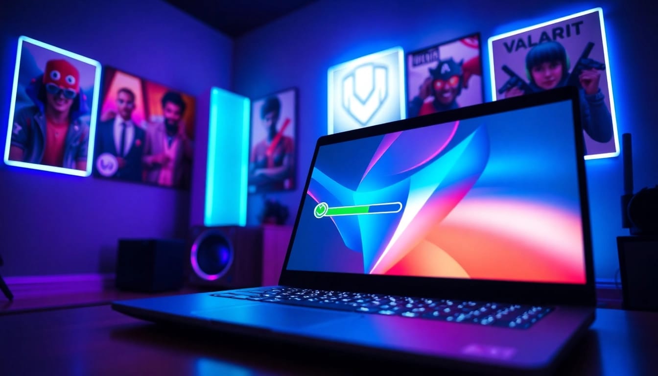 Engaging Valorant download interface featured on a laptop in a vibrant gaming room.