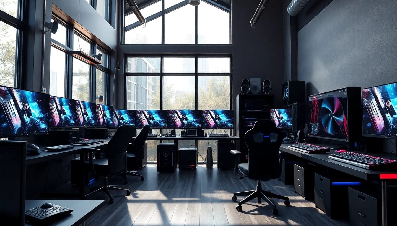 Gaming-PC verkaufen: Ein lebendiger Arbeitsplatz mit mehreren High-End-Gaming-PCs und Zubehör, der eine technikaffine Umgebung zeigt.