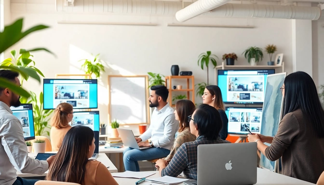 Webdesign Agentur zeigt kreatives Team bei der Zusammenarbeit an Bildschirmen.