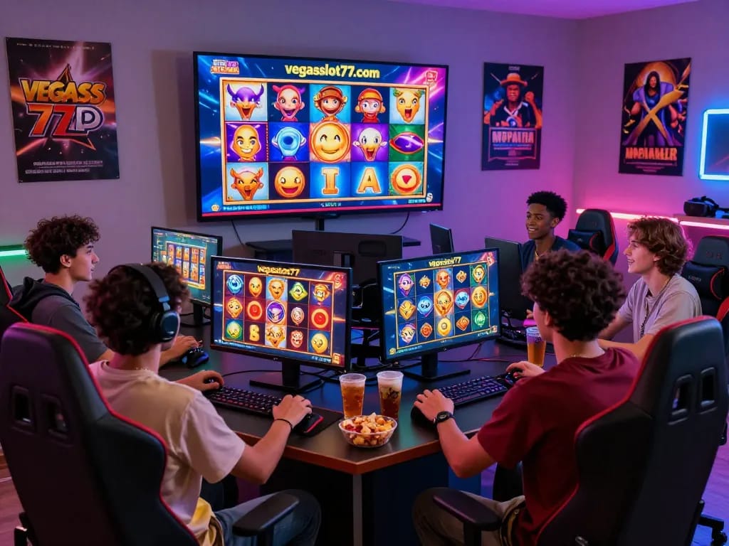 Exciting gaming experience at vegasslot77.com with friends enjoying colorful slot games