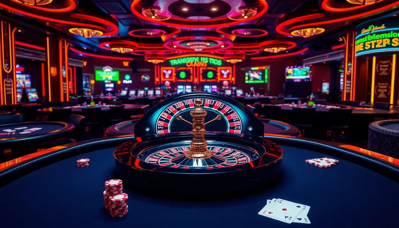 Exciting Transmission Repair Shop-themed casino scene featuring poker chips, cards, and roulette wheel.