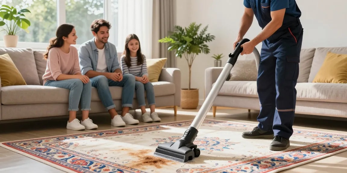 Carpet cleaning near me service in action, technician revitalizing family living room carpets for a fresh home.