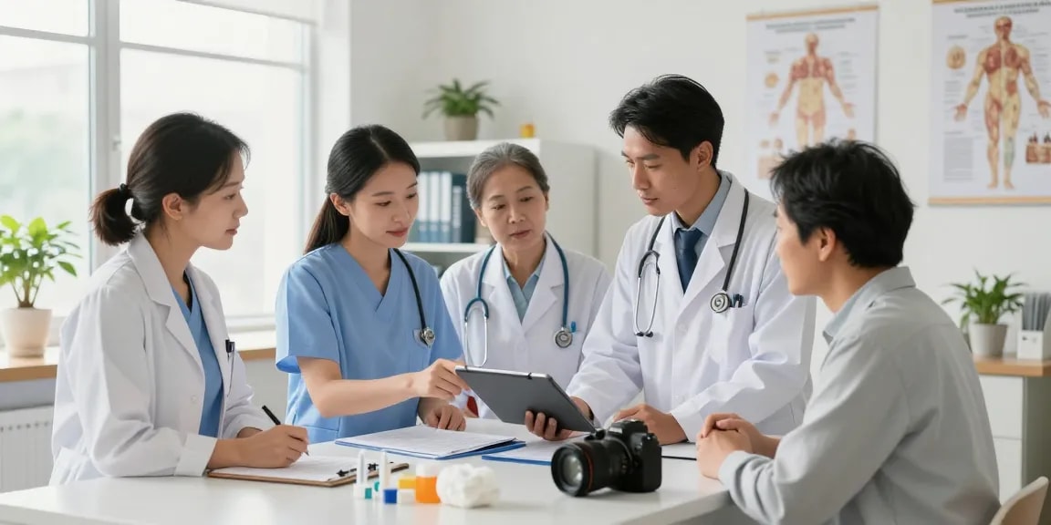 Team of healthcare professionals at https://factors.org.uk discussing patient care in a bright clinical office.