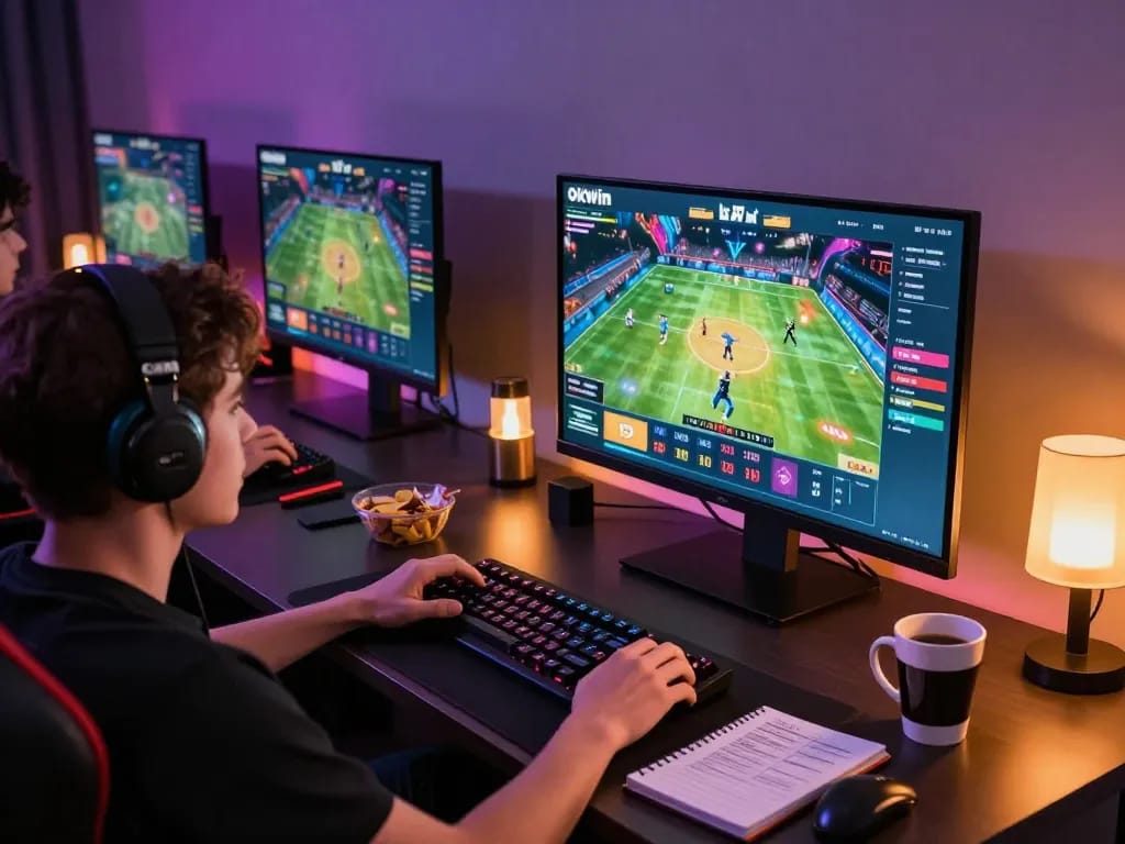 Experience live streaming with OKWIN TV on a high-tech gaming setup, showing exciting sports and esports action.