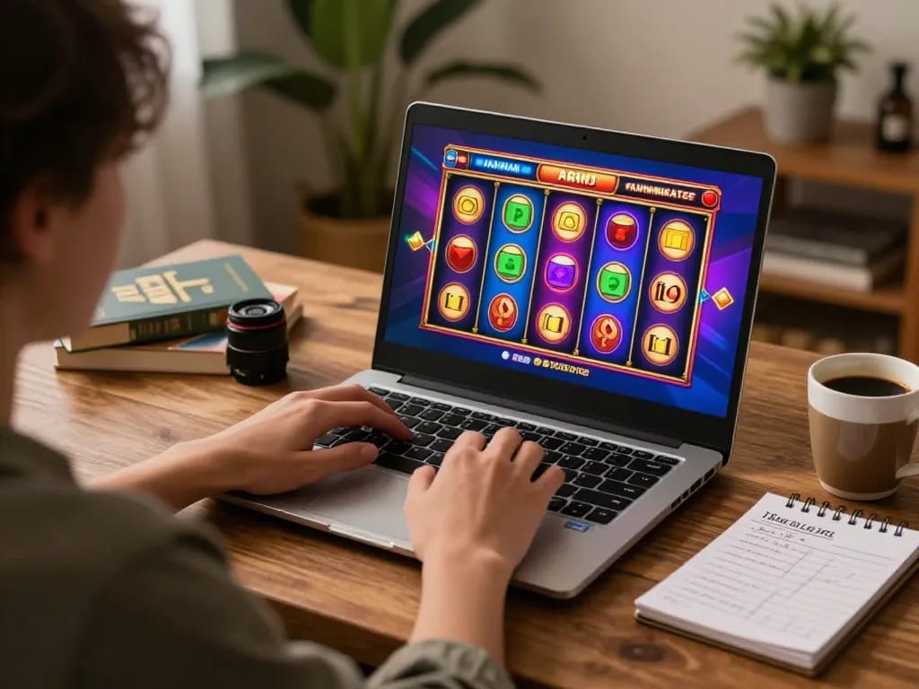 Engaging home gaming scene showing a player enjoying slot gacor on their laptop with a relaxed vibe.