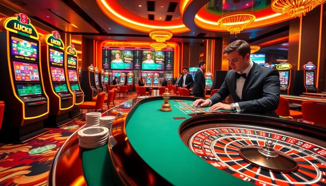 Experience the excitement of LUCK8's luxury casino environment with vibrant slot machines and roulette.