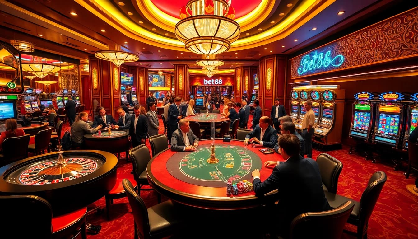 Experience the excitement of bet88 at a luxurious casino with roulette wheels and vibrant slot machines.