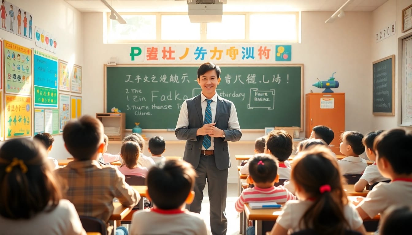 Engaging scene of teaching English in Taiwan with a teacher and students in a vibrant classroom.