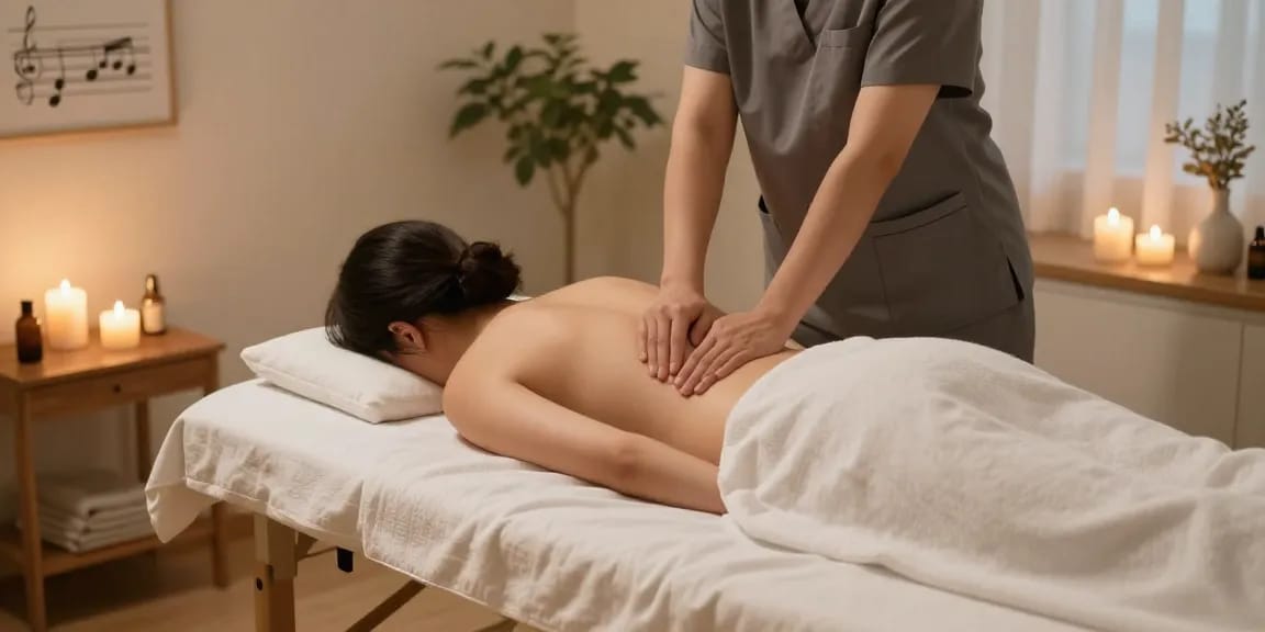 김포출장마사지 서비스를 제공하는 전문 마사지사의 편안한 실내 마사지 장면