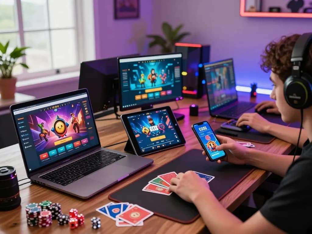Player enjoying go88 online gaming on multiple devices in a vibrant atmosphere.