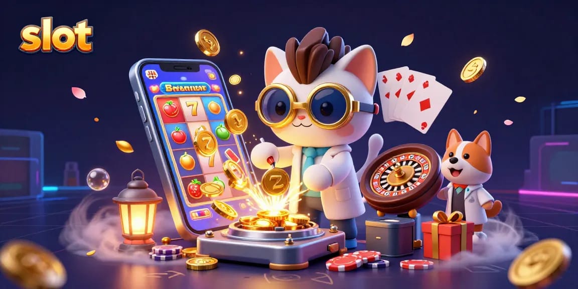 Menggulung slot dengan simbol keberuntungan dan koin emas, digambarkan oleh karakter kucing ilmuwan konyol dan anjing setia.