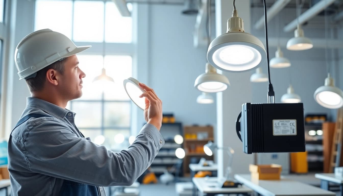 Executing lighting service maintenance with an electrician in a bright workshop.