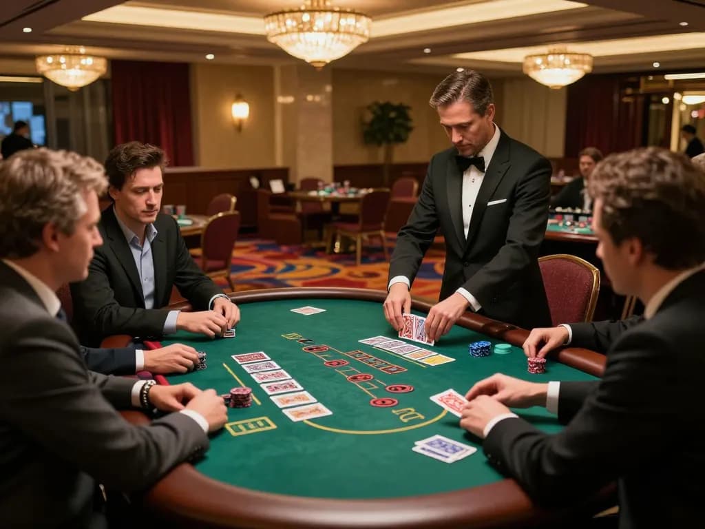 Players at the blackjack table placing bets in a sleek casino, emphasizing strategic gameplay at 5679.