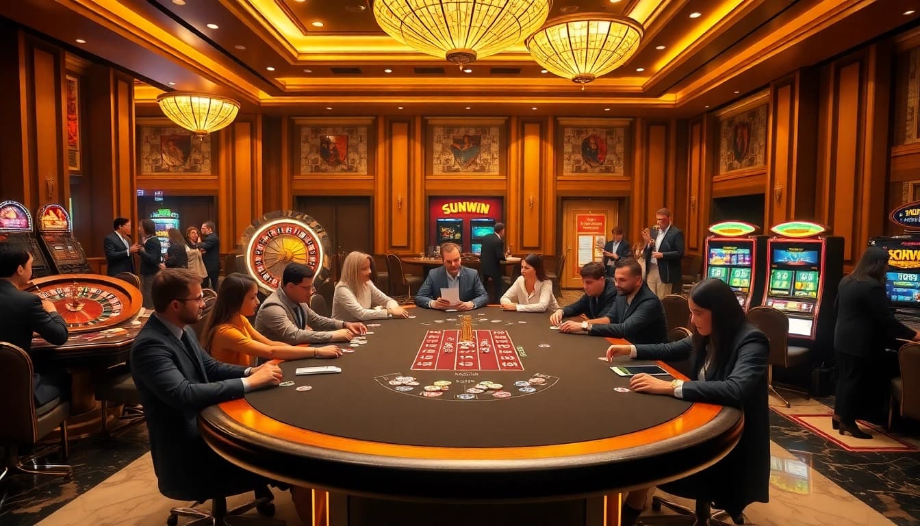 Exciting casino scene with SUNWIN-themed poker chips on a lavish poker table.