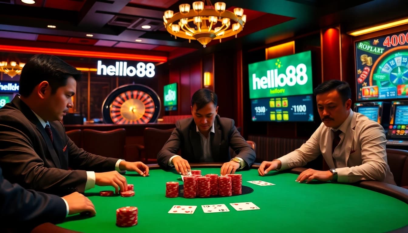 Experience the thrill of hello88 at a high-stakes poker table with vibrant casino ambiance.