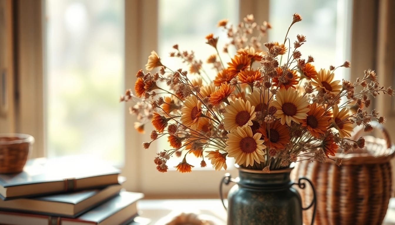 Beautiful dried flowers arrangement in a rustic vase, showcasing natural textures and warm colors.