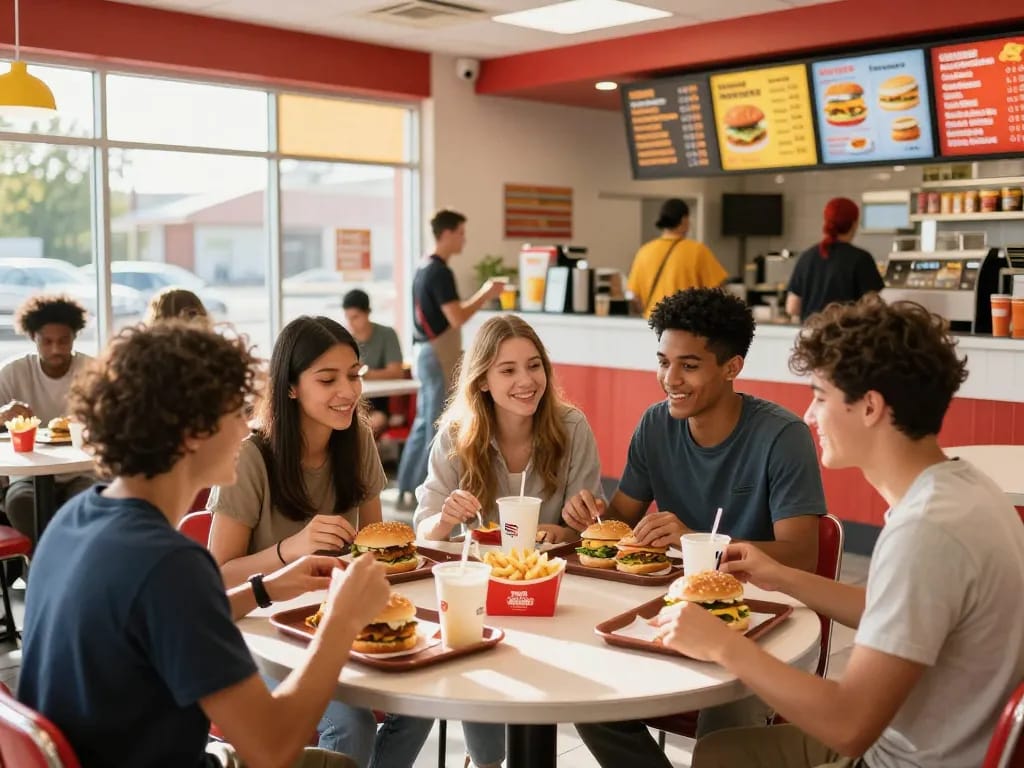 Friends enjoying fast food meals at a bright restaurant, highlighting fast food prices on colorful menu boards.