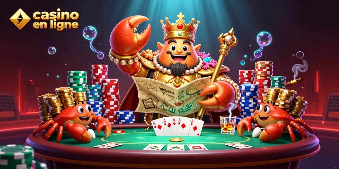 Illustration dynamique de crabes au casino en ligne avec des jetons et des cartes.