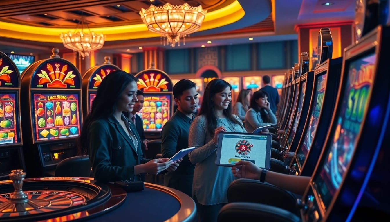 Players spinning reels on vibrant slot online machines in an upscale casino atmosphere.