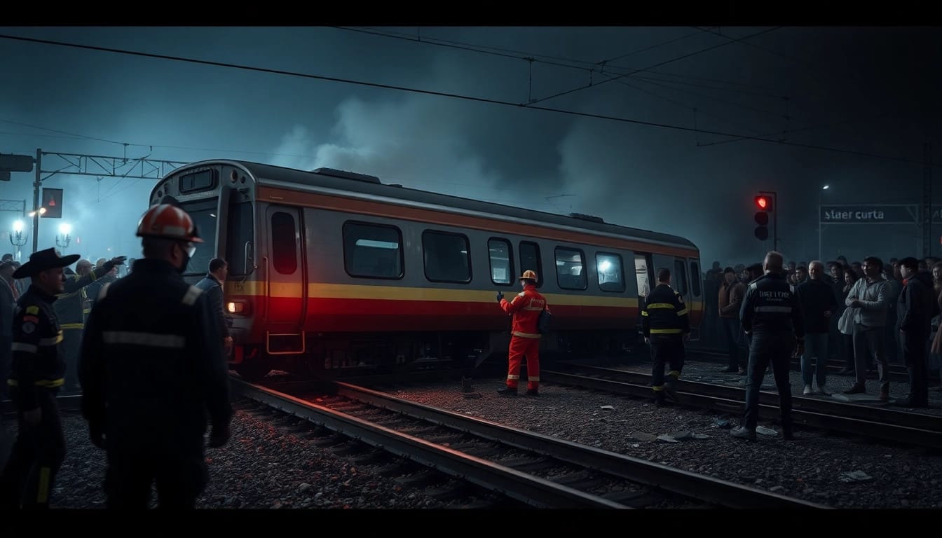 Spain train crash scene showing emergency responders at work amidst chaos and smoke.