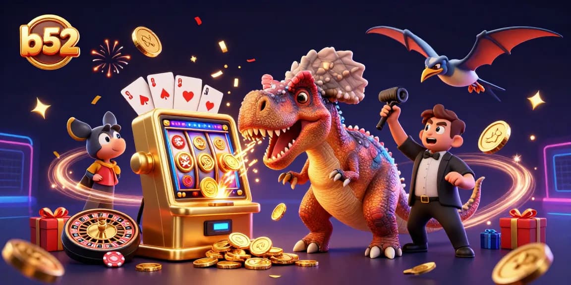 Experience big wins with the b 52 slot machine as a cartoon dinosaur celebrates jackpot payouts!