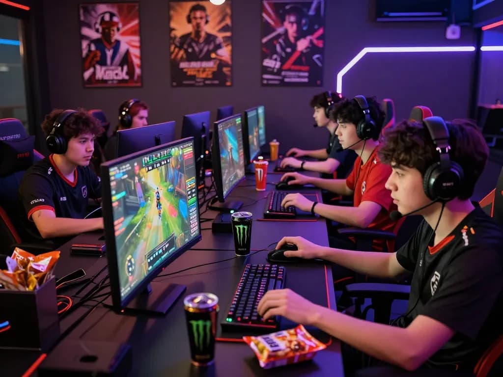 Engaged players experiencing Game bài hubet88 in a vibrant esports hub with neon lighting and live competitions.