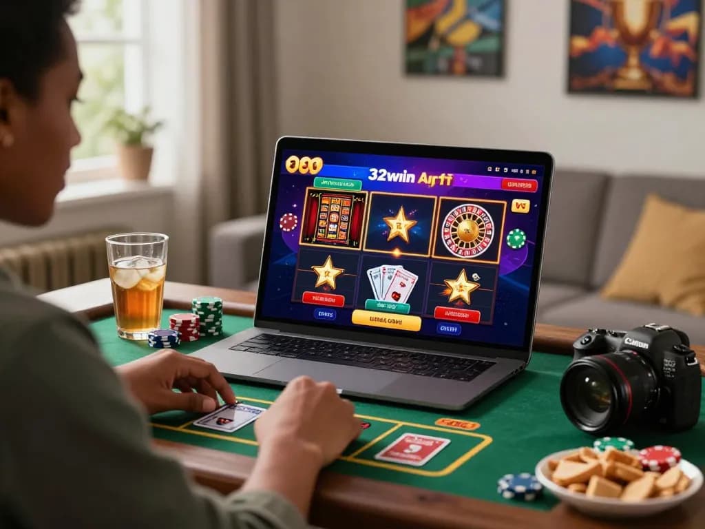 An enthusiastic gambler enjoying online gaming at https://32win.agency/ with a vibrant interface and cozy setting.