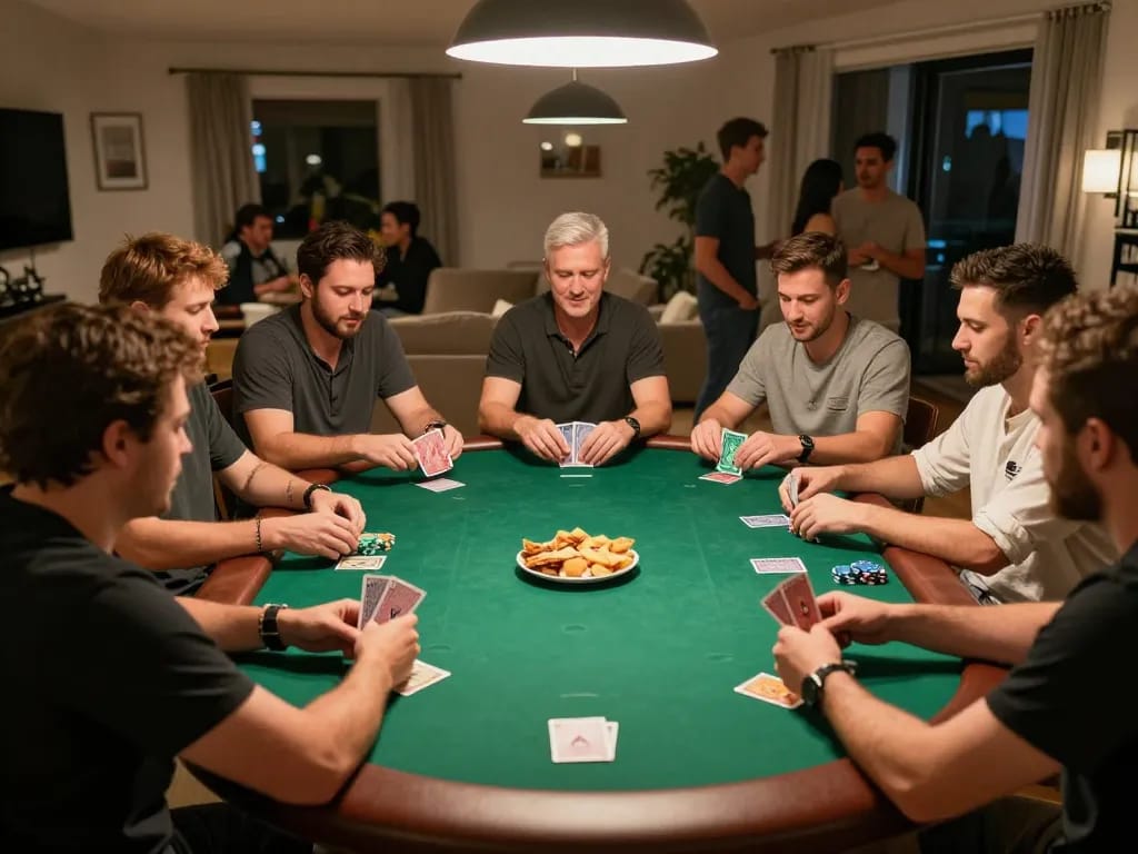 Friends enjoying a lively poker game at home, showcasing vt88's strategic gameplay.