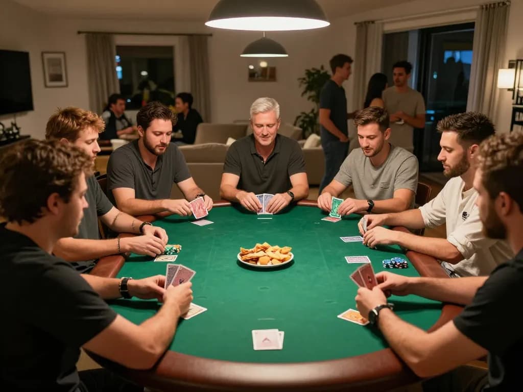 Friends enjoying a lively poker game at home, showcasing vt88's strategic gameplay.