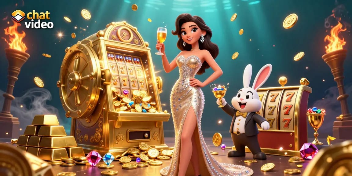Experience engaging chat video with real people in a vibrant casino-themed scene.