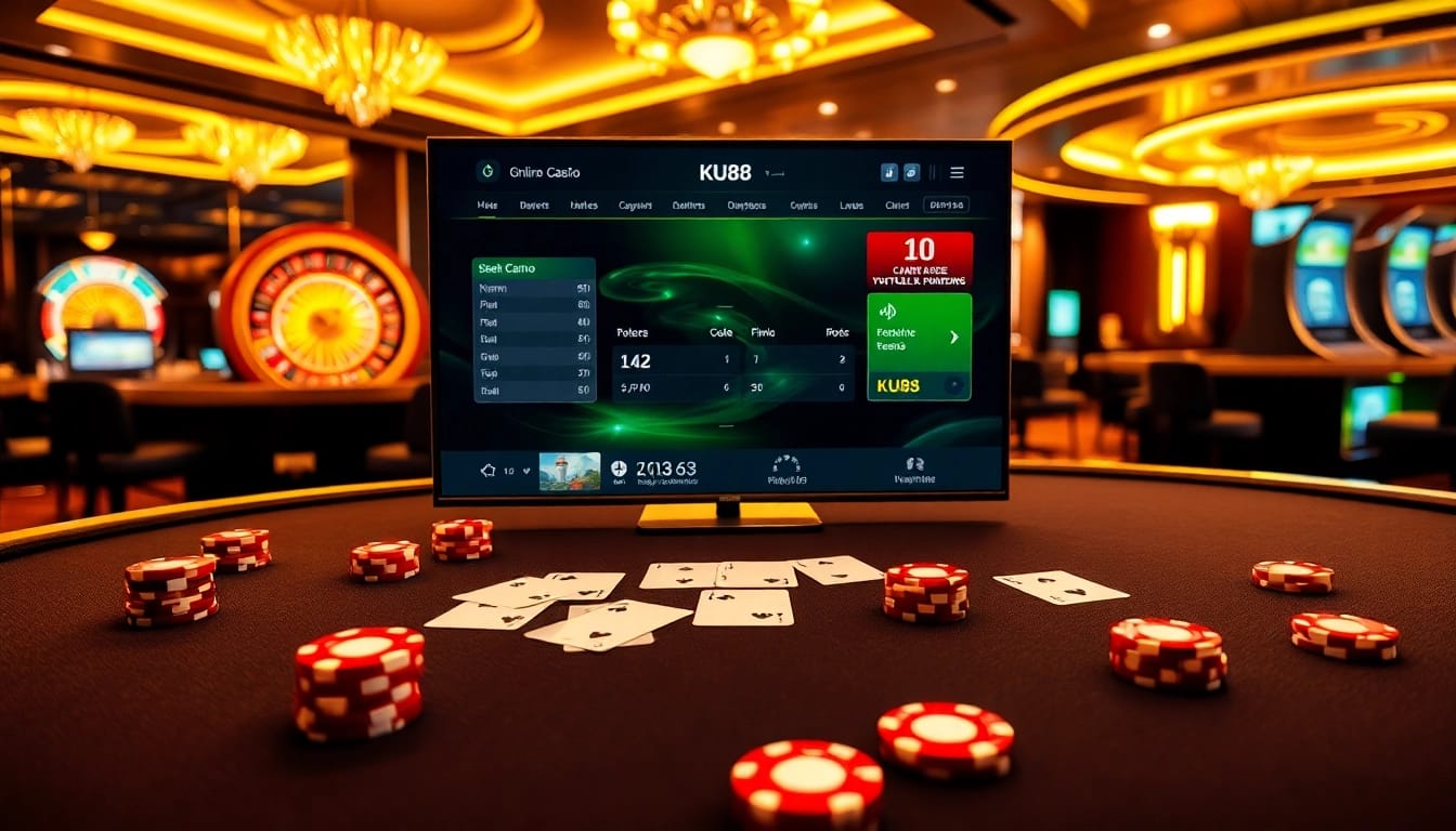 Playing online casino games at KU88 with vibrant poker chips and roulette wheel ambiance.