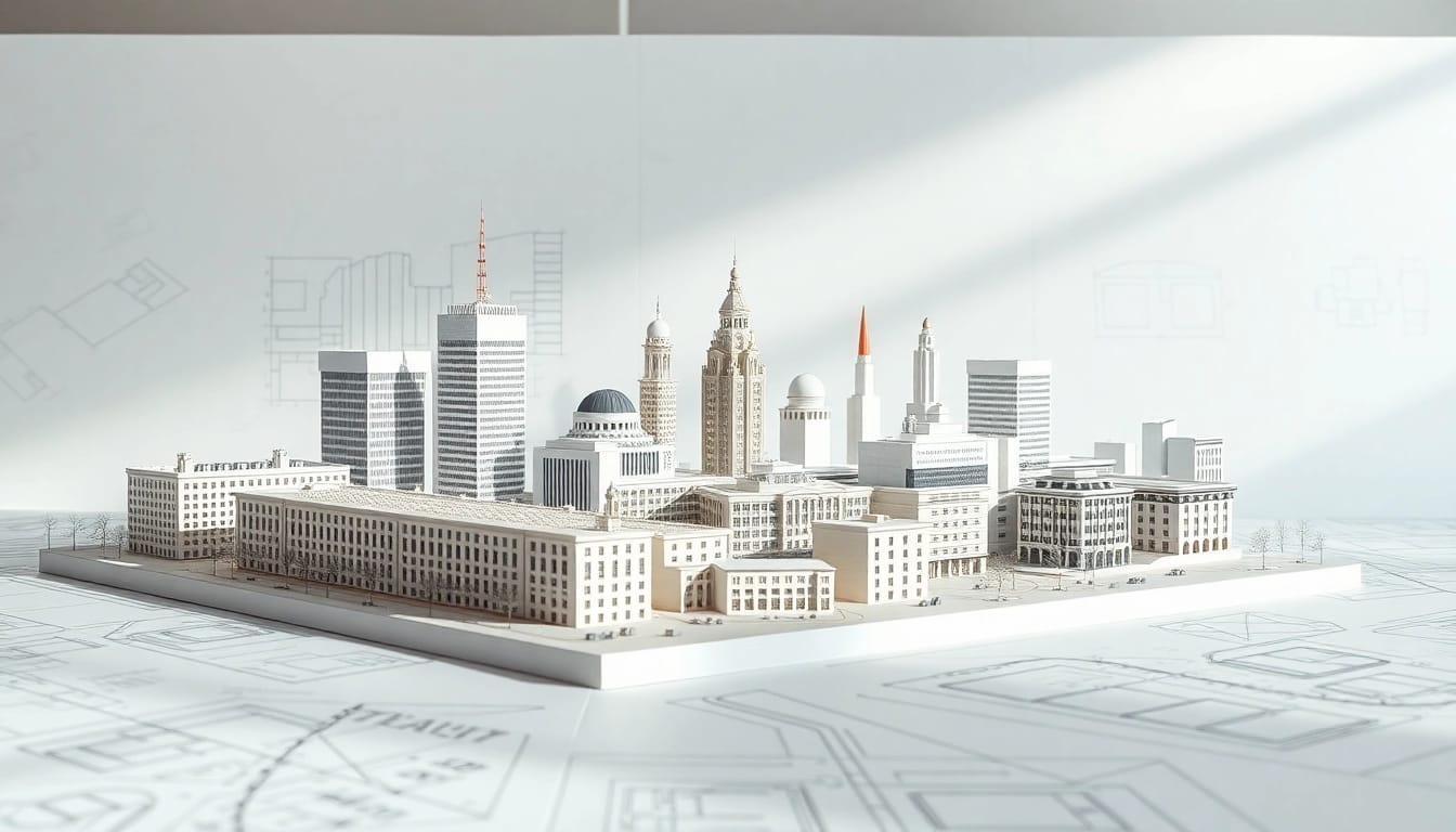 Architekturmodellbau Stuttgart zeigt eine präzise Modelle der Skyline und architektonischer Pläne.