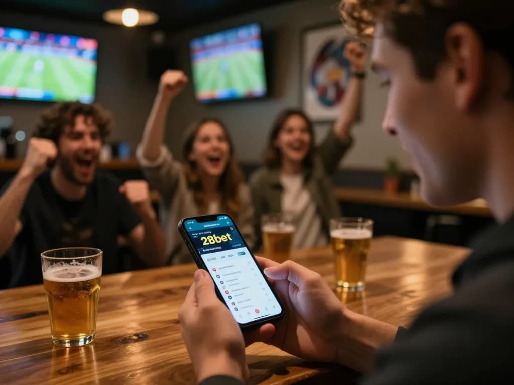 Engaging sports betting moment with 28bet app in hand during exciting game at a lively bar