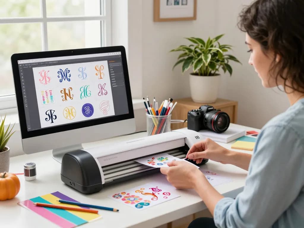 Creative woman designing Cricut stickers and monograms in a vibrant home studio.