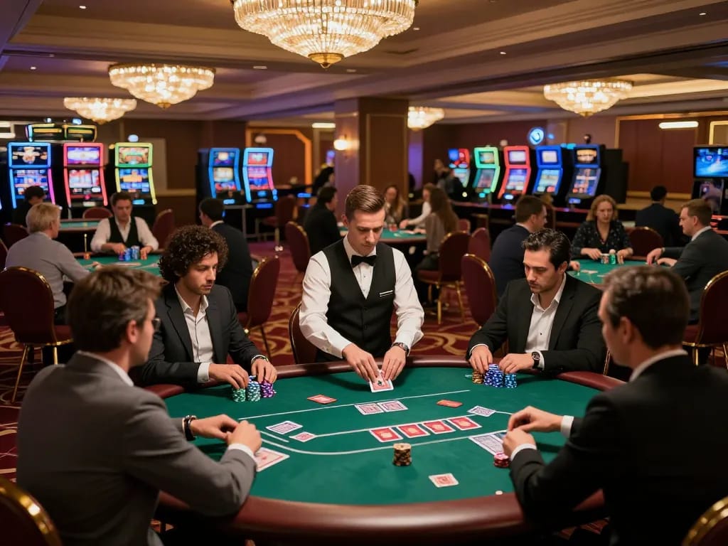 Excited players engaging in a dynamic w 88 poker game at an upscale casino, vibrant atmosphere