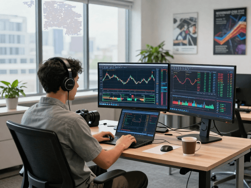 Trader using MetaTrader 5 on multiple screens in a modern office setup.