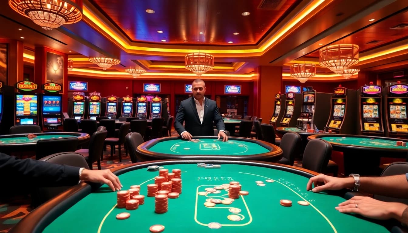 Engaged players strategizing at an idn poker table in a vibrant casino setting.
