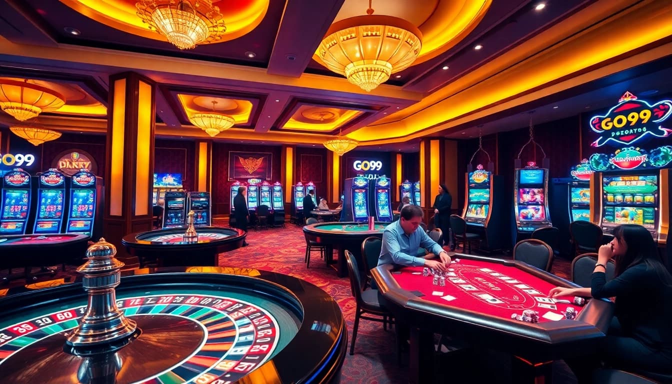 Engaged players enjoying thrilling games at a luxurious casino featuring GO99 branding.