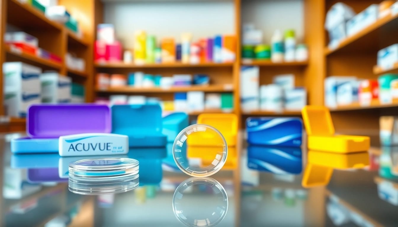 Showcasing Acuvue contact lenses artistically arranged on a glass surface.