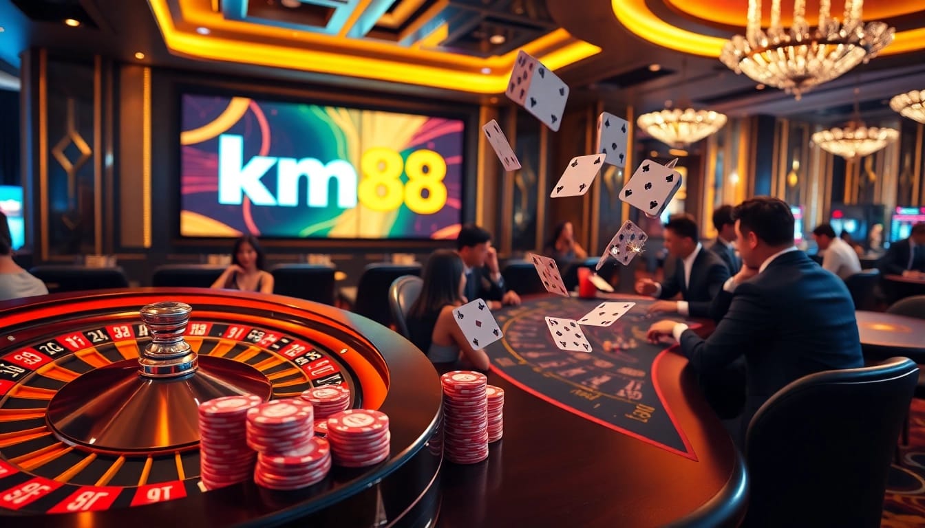 Celebrate wins at km88 with an exciting casino scene featuring roulette and blackjack tables.