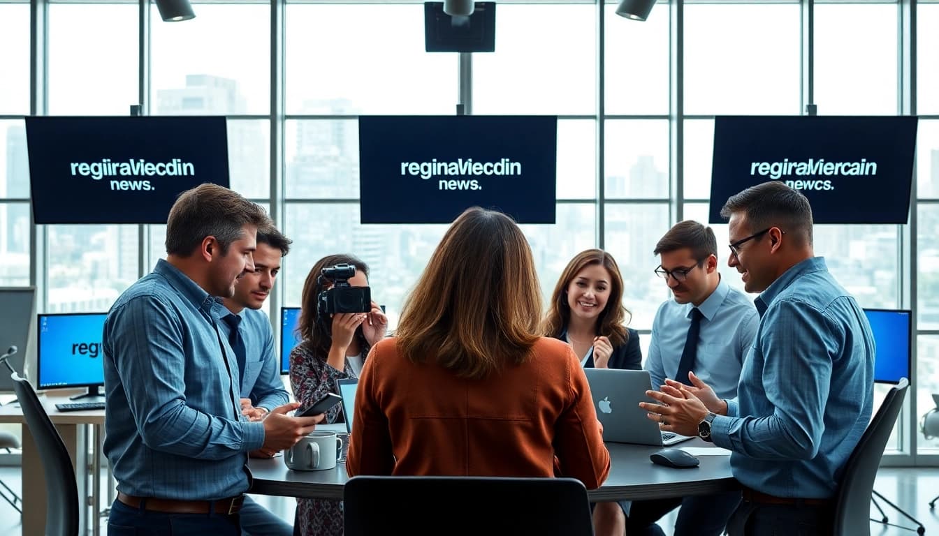 Engaged journalists collaborating on regionalmedianews.com with vibrant energy and professionalism.