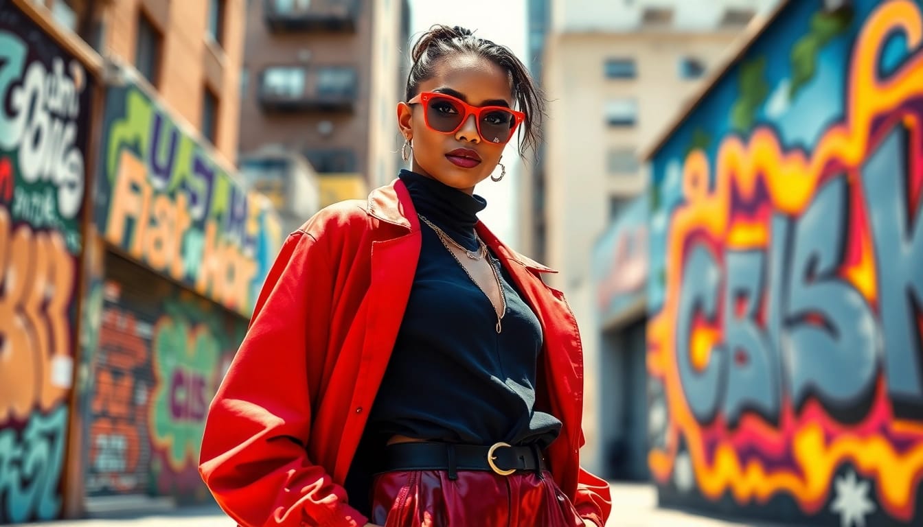 Fashion model in vibrant outfit against an urban backdrop showcasing contemporary trends.