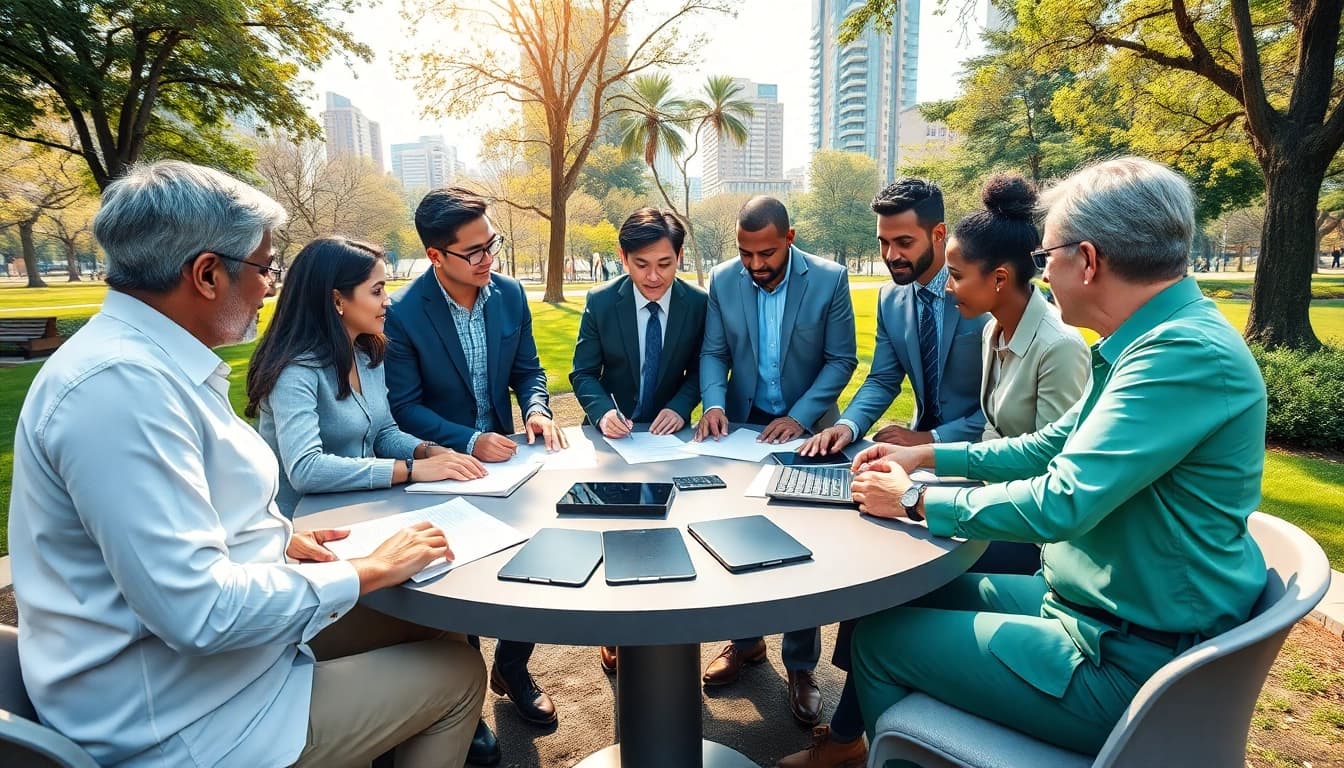 Engaged team collaborating on Public-Private Partnerships strategy in an urban park.