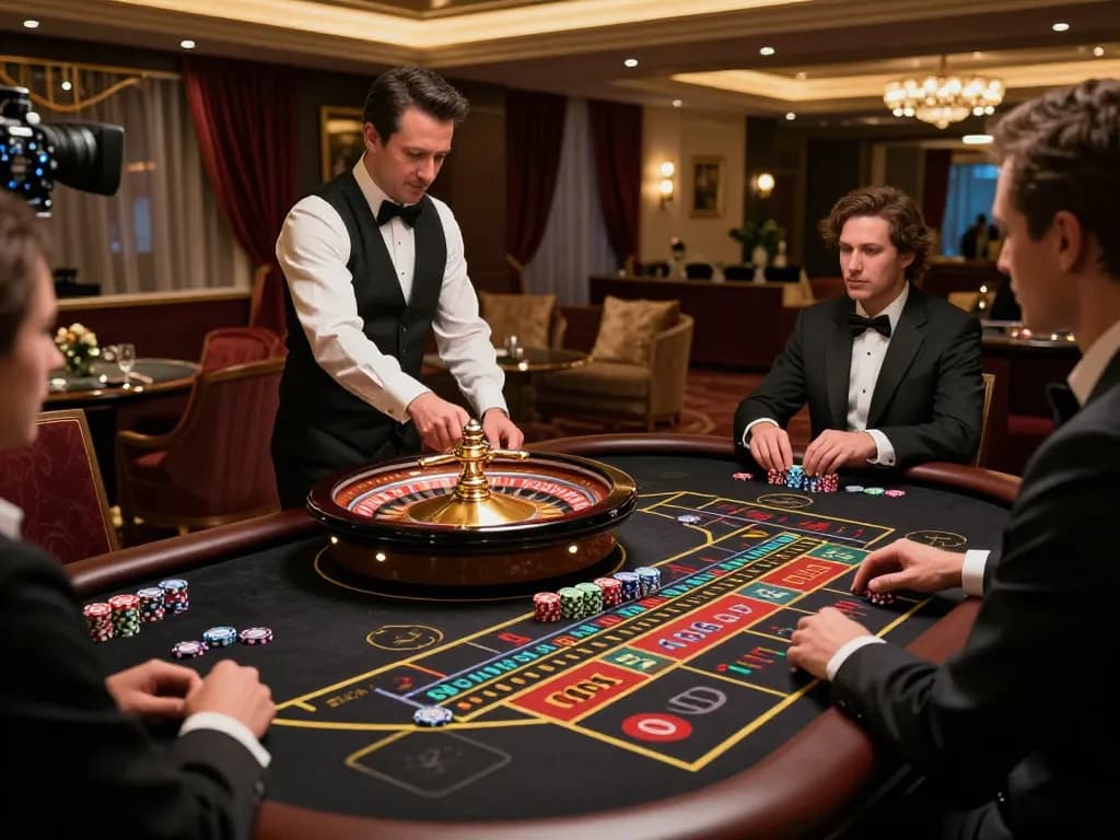 MB66 players excitedly placing bets at a luxurious roulette table in a vibrant casino setting.