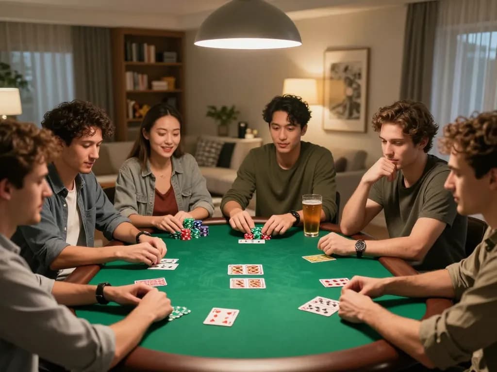Friends enjoying a thrilling poker game at home using ga6789 platform, showcasing cards and chips.