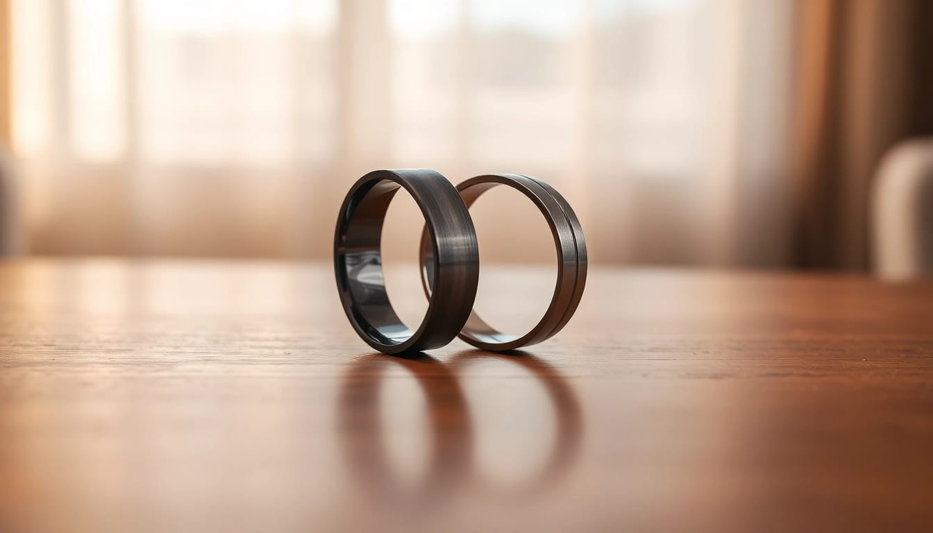 Showcasing beautiful tungsten wedding bands on a polished wooden surface, radiating elegance.