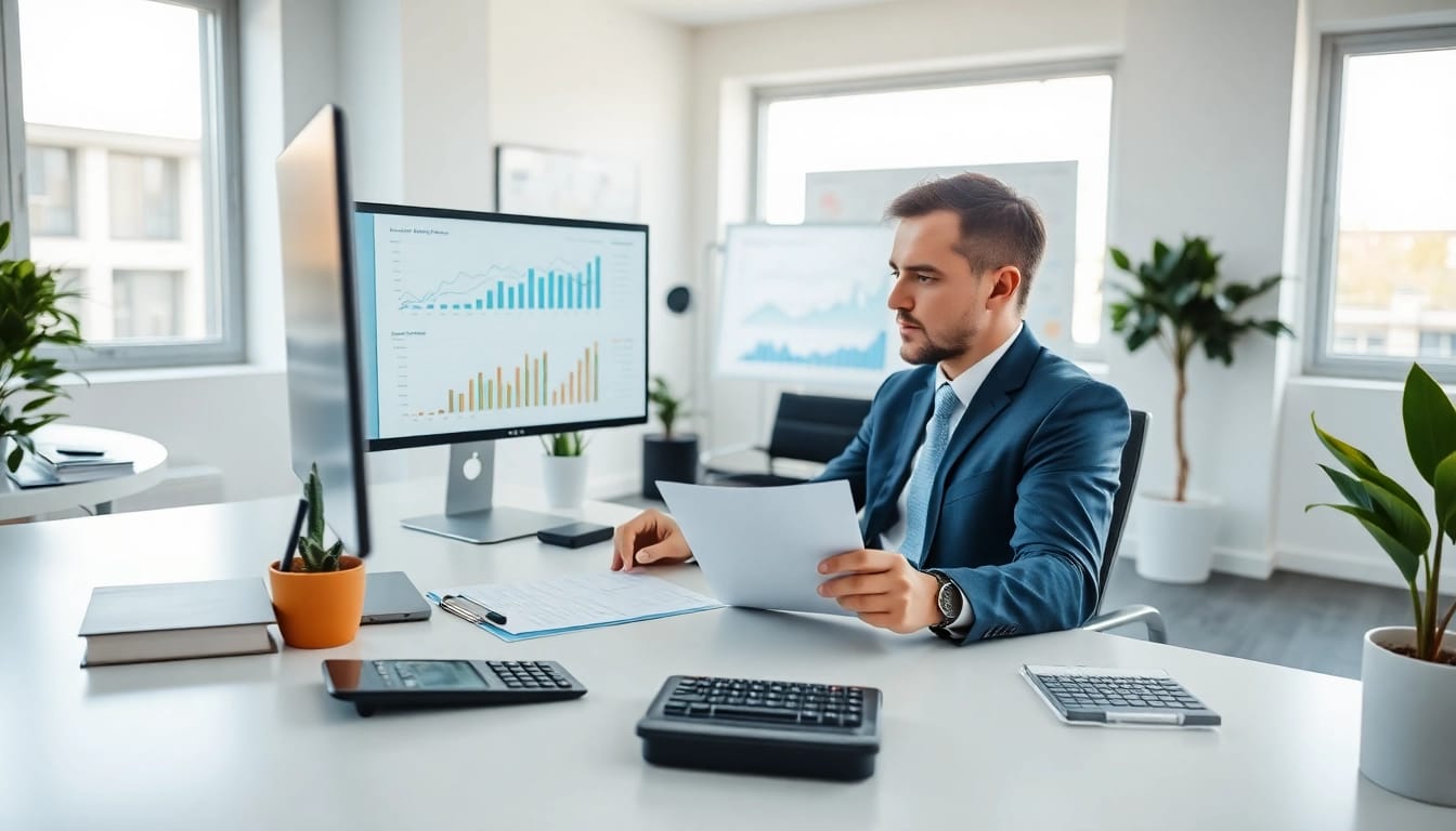 Professional accountant managing an Smsf in a modern office.