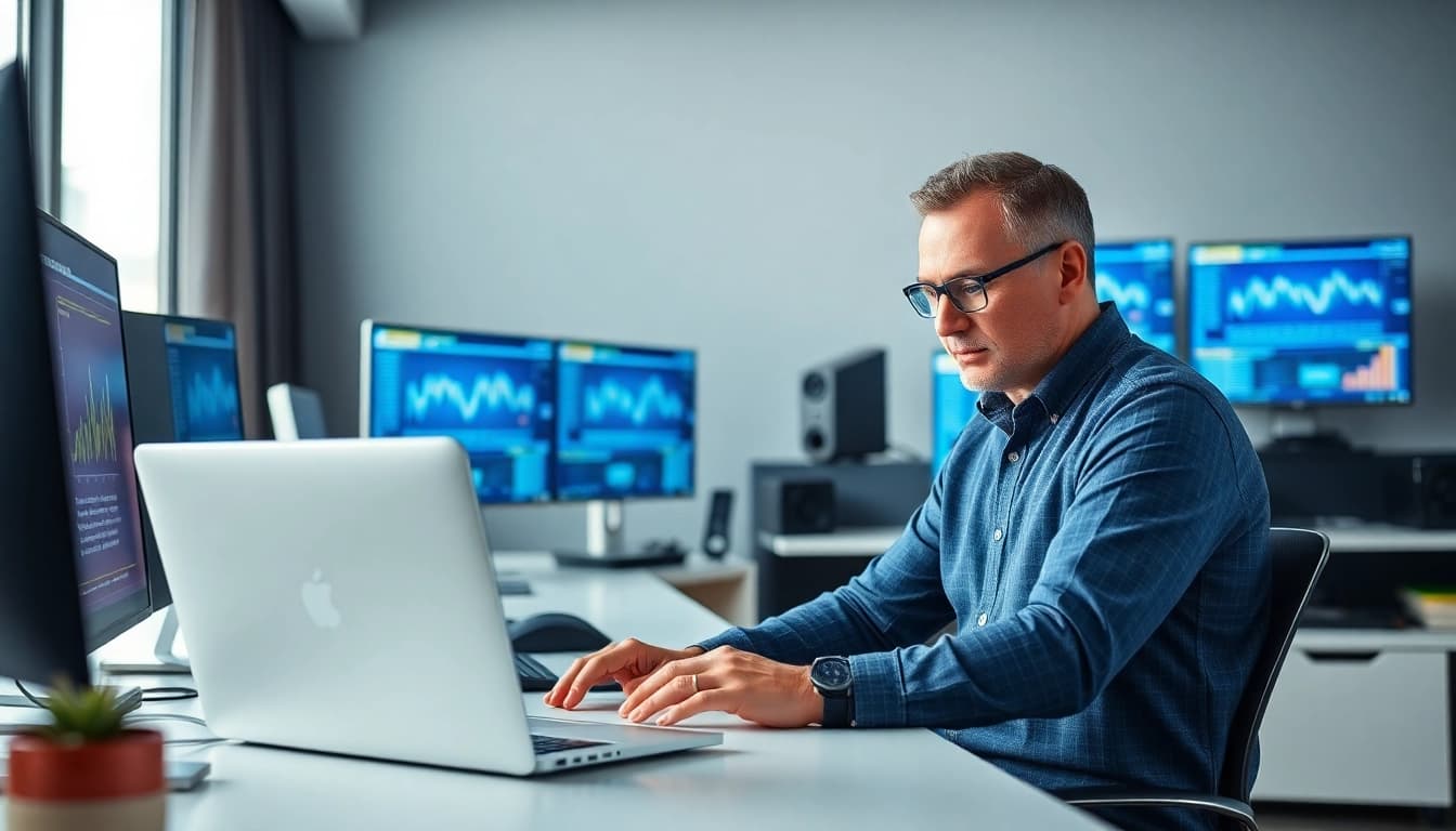 Technician providing computer help in a modern office environment with vibrant technology.
