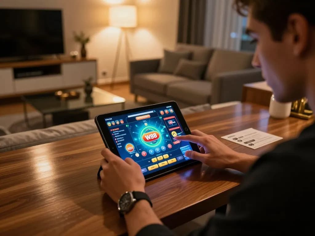 Player engaging with W88 gaming app on tablet in a cozy living room, focused on online gambling strategies.